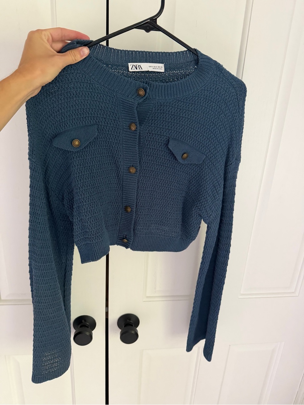 Zara Teal Button-Front Crochet Crop Cardigan